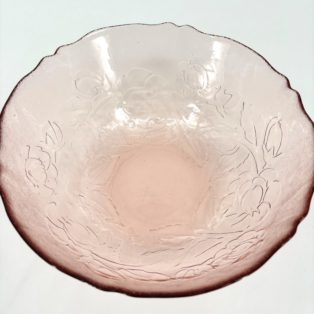 Arcoroc France Roseline Pink Glass Serving Bowl 9.5" Scalloped Embossed Rose